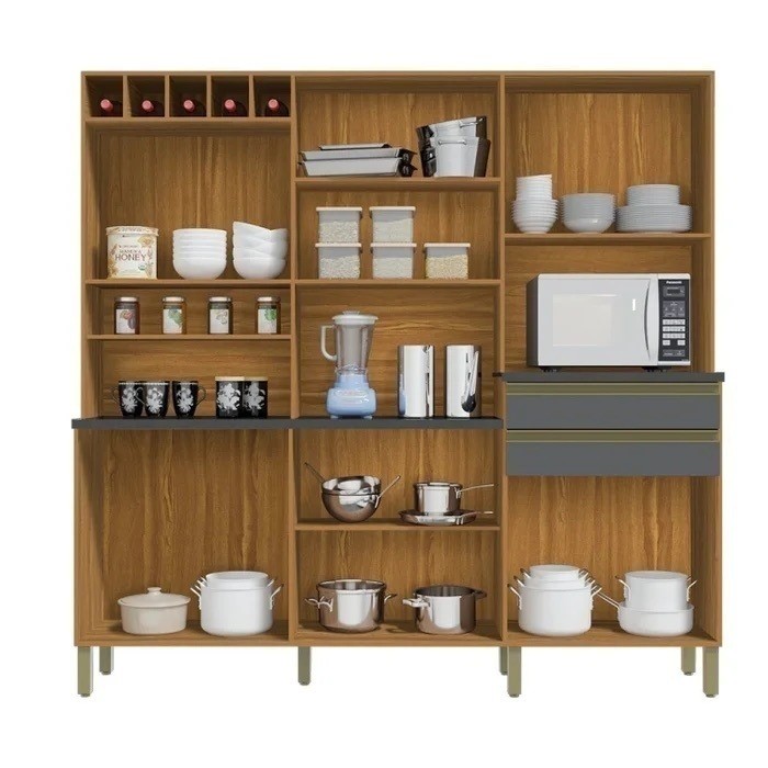 Armário de Cozinha Kit 12 Portas 2 Gavetas 100% MDF Ronipa Móveis Malbec Amendoa/Graffite