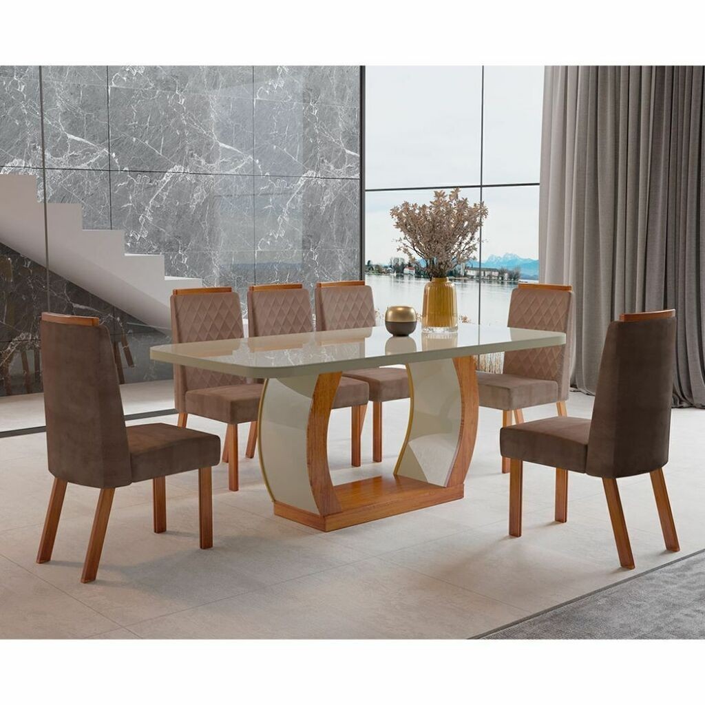 Conjunto Mesa Vigor 180x90 Luxo com 6 cadeiras Noce com Off White - Bom Pastor Conjunto Mesa Vigor 180x90 Luxo com 6 cadeiras Noce com Off White - Bom Pastor