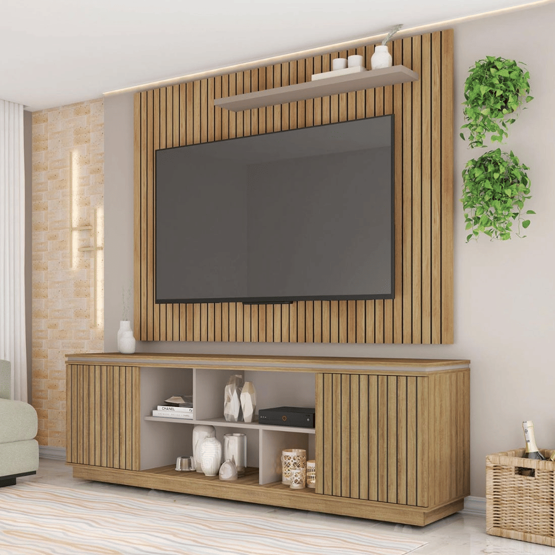 Rack com Painel para TV Até 75 Polegadas Simetria 2 Portas Frisado Mel/Cacal - Caemmun Rack com Painel para TV Até 75 Polegadas Simetria 2 Portas Frisado Mel/Cacal - Caemmun