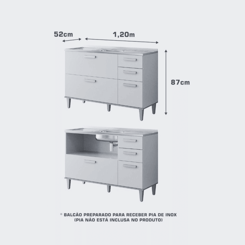 Balcão de Cozinha Bella Com 4 Gavetas e 1 Porta Basculante c/Tampo 120 cm Off White/Freijo - MGM Balcão de Cozinha Bella Com 4 Gavetas e 1 Porta Basculante c/Tampo 120 cm Off White/Freijo - MGM