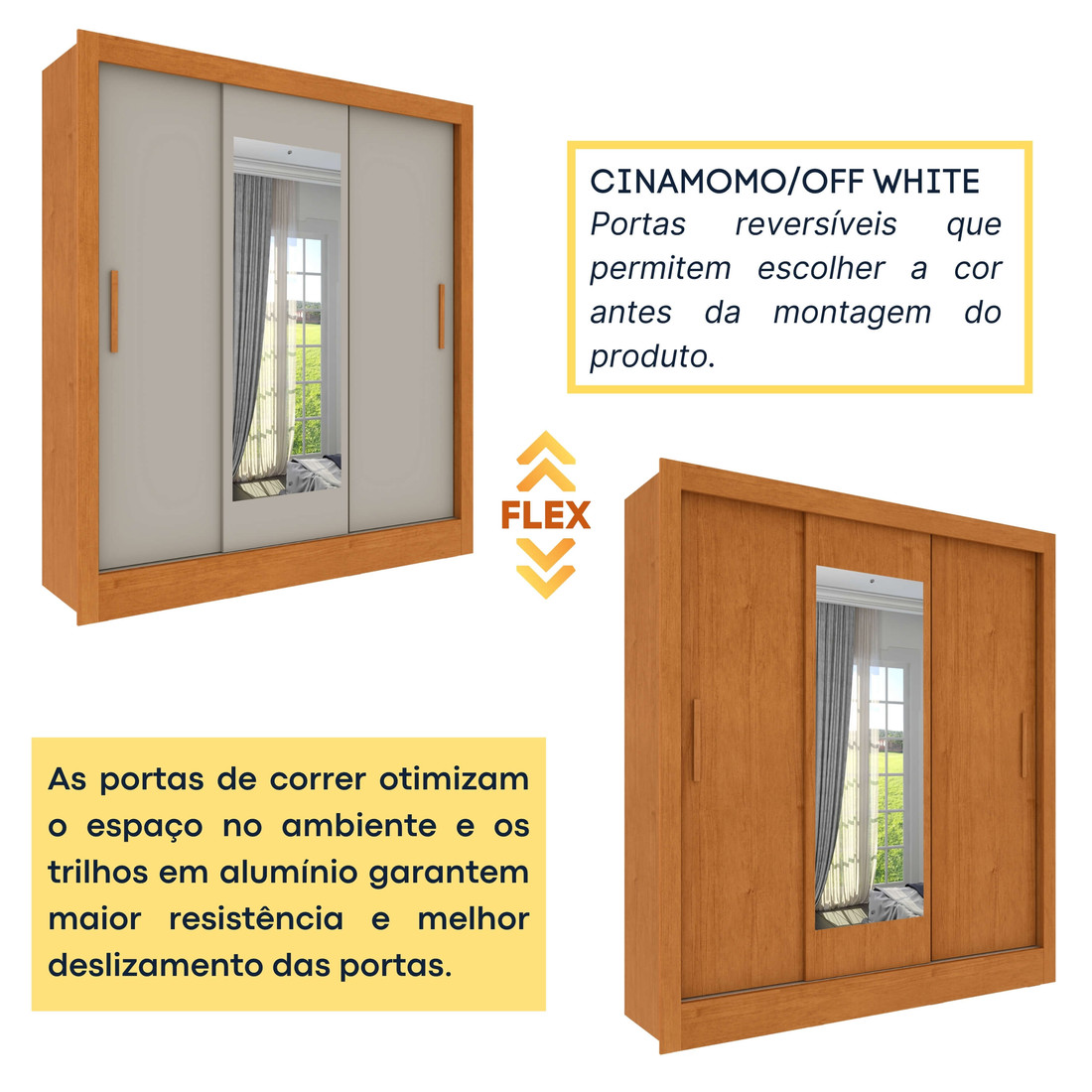 Guarda-Roupa 3P. Correr 4G TCIL Vitoria c/Espelho c/Pés Cinamomo/Off White