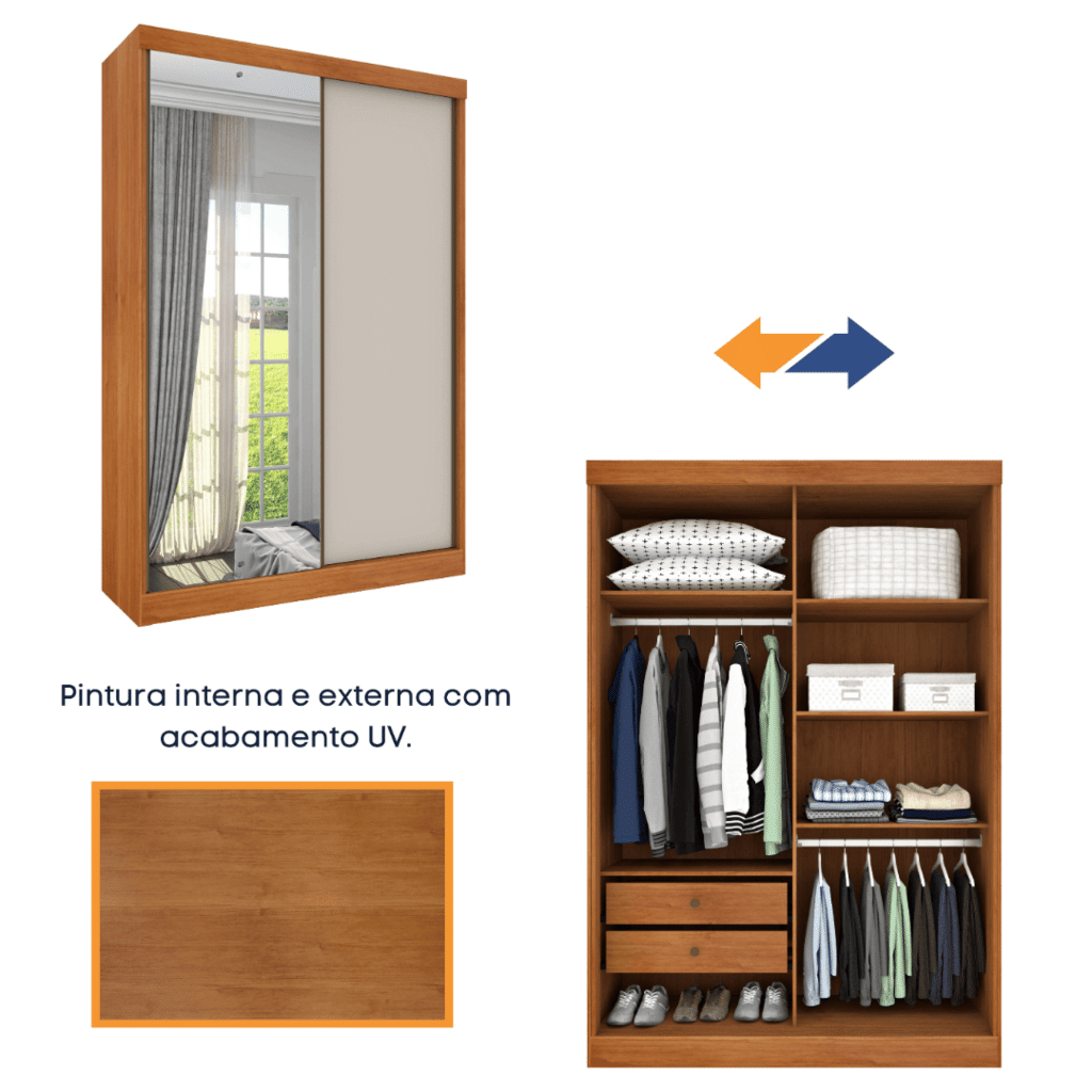 Guarda-Roupa Casal Com Espelho 2 Portas de Correr Tcil Móveis Roma Cinamomo/Off White Guarda-Roupa Casal Com Espelho 2 Portas de Correr Tcil Móveis Roma Cinamomo/Off White