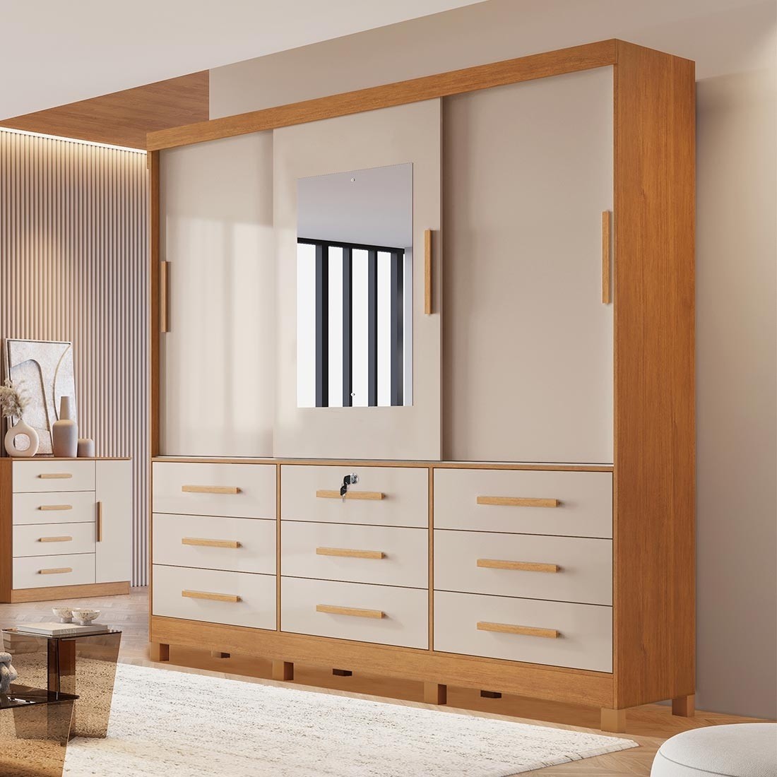Guarda-Roupa Casal 100% MDF Athenas com Espelho 3 Portas 9 Gavetas Nature/Off White - Bianchi
