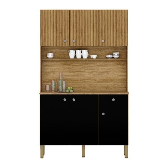 Armário de Cozinha Kit 6 Portas Style Frisado Freijó/Nero - Kits Paraná Armário de Cozinha Kit 6 Portas Style Frisado Freijó/Nero - Kits Paraná