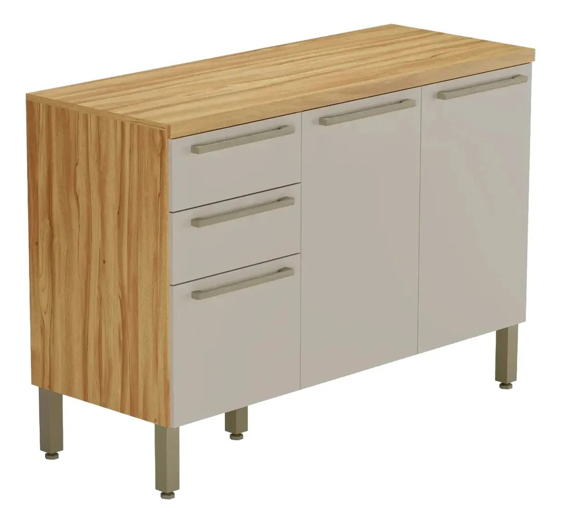 Balcão Ronipa 3 Portas 2 Gavetas Nápoli Prime 120cm Amêndoa/Off White