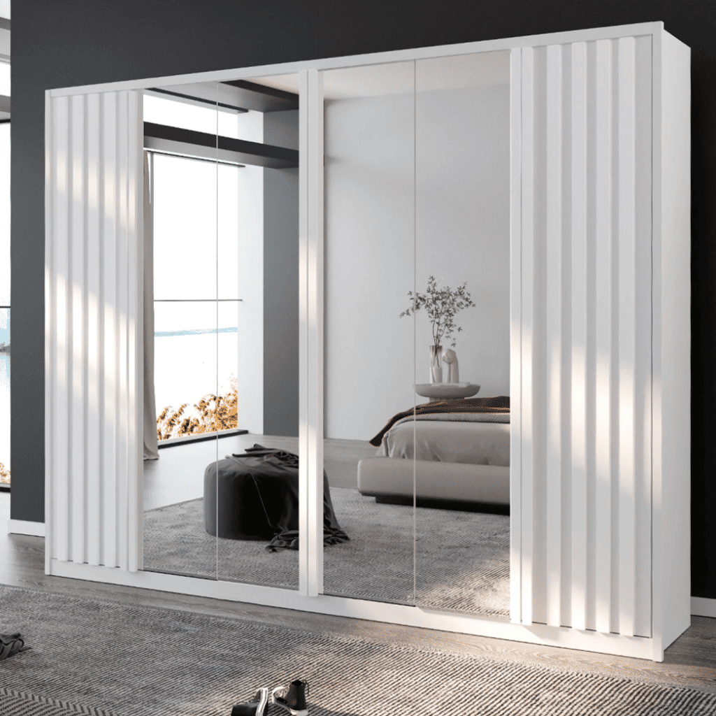 Guarda-Roupa Casal Com Espelho Em MDF 6 Portas, Madrid Boss Ripado Branco - Bom Pastor Guarda-Roupa Casal Com Espelho Em MDF 6 Portas, Madrid Boss Ripado Branco - Bom Pastor