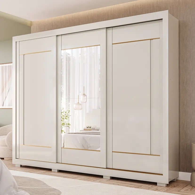 Guarda-roupa 100% MDF 3 Portas 6 Gavetas Panan Valentina com Espelho - Off White
