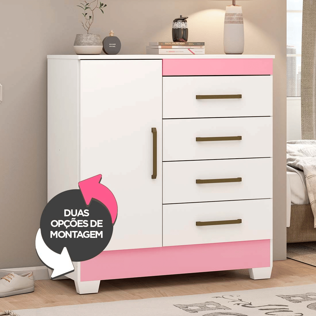 Cômoda Montevideu com 4 Gavetas e 1 Porta Demobile Branco/Branco/Rosa Cômoda Montevideu com 4 Gavetas e 1 Porta Demobile Branco/Branco/Rosa