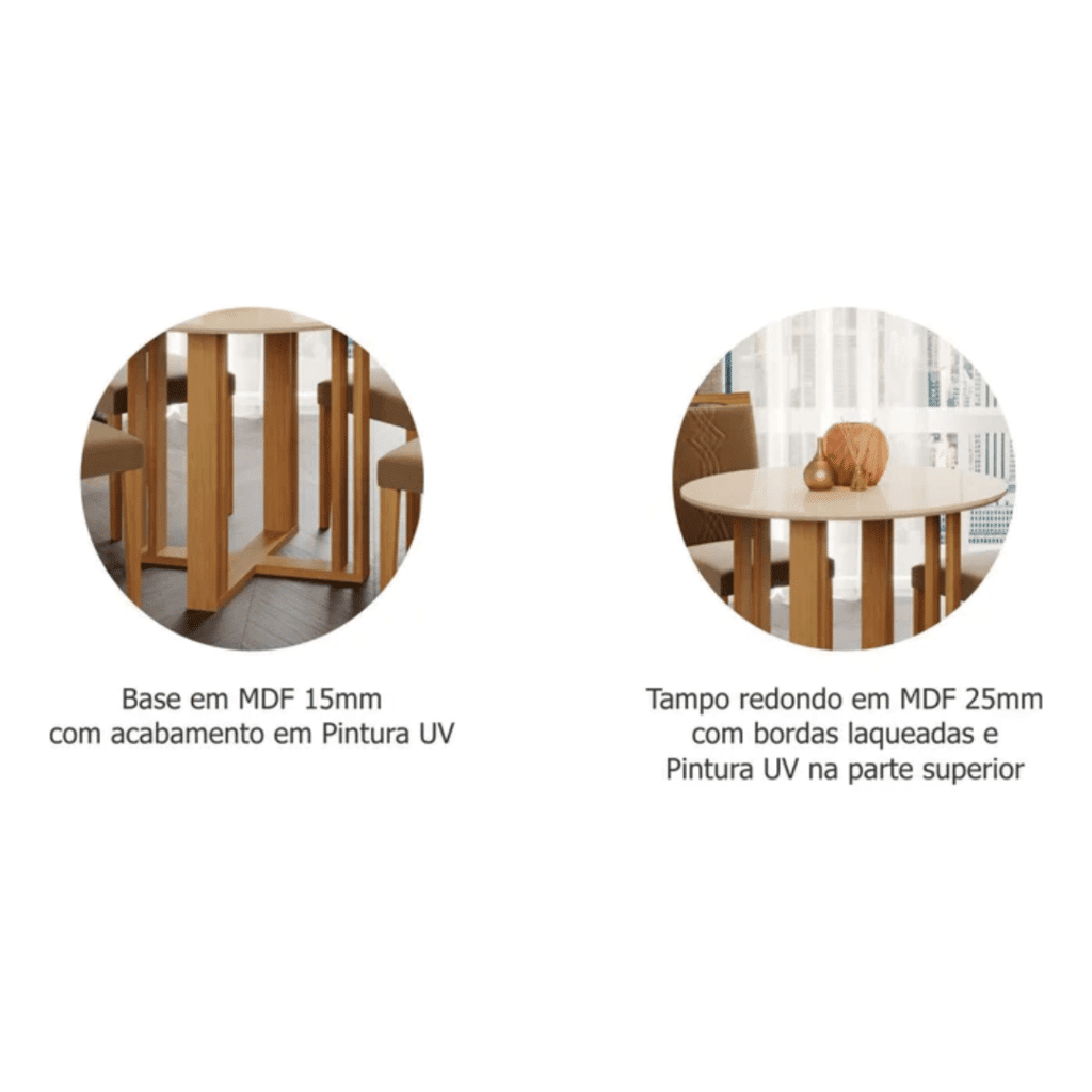 Conjunto Mesa Flora Redonda 109cm Com Vidro 4 Cadeiras Maia Nature com Off White - Cimol Conjunto Mesa Flora Redonda 109cm Com Vidro 4 Cadeiras Maia Nature com Off White - Cimol