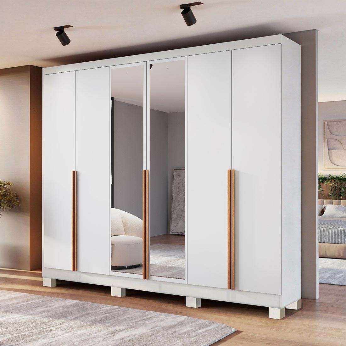 Guarda Roupa Casal Master 240 6 Portas, com Espelho, 100% MDF cor Branco-Nature Bianchi Guarda Roupa Casal Master 240 6 Portas, com Espelho, 100% MDF cor Branco-Nature Bianchi