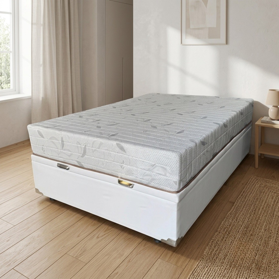 Conjunto Base Baú Casal Ortolike Corino Branco + Colchão Jade Borda Infinita D33 Design Colchões 138x188cm