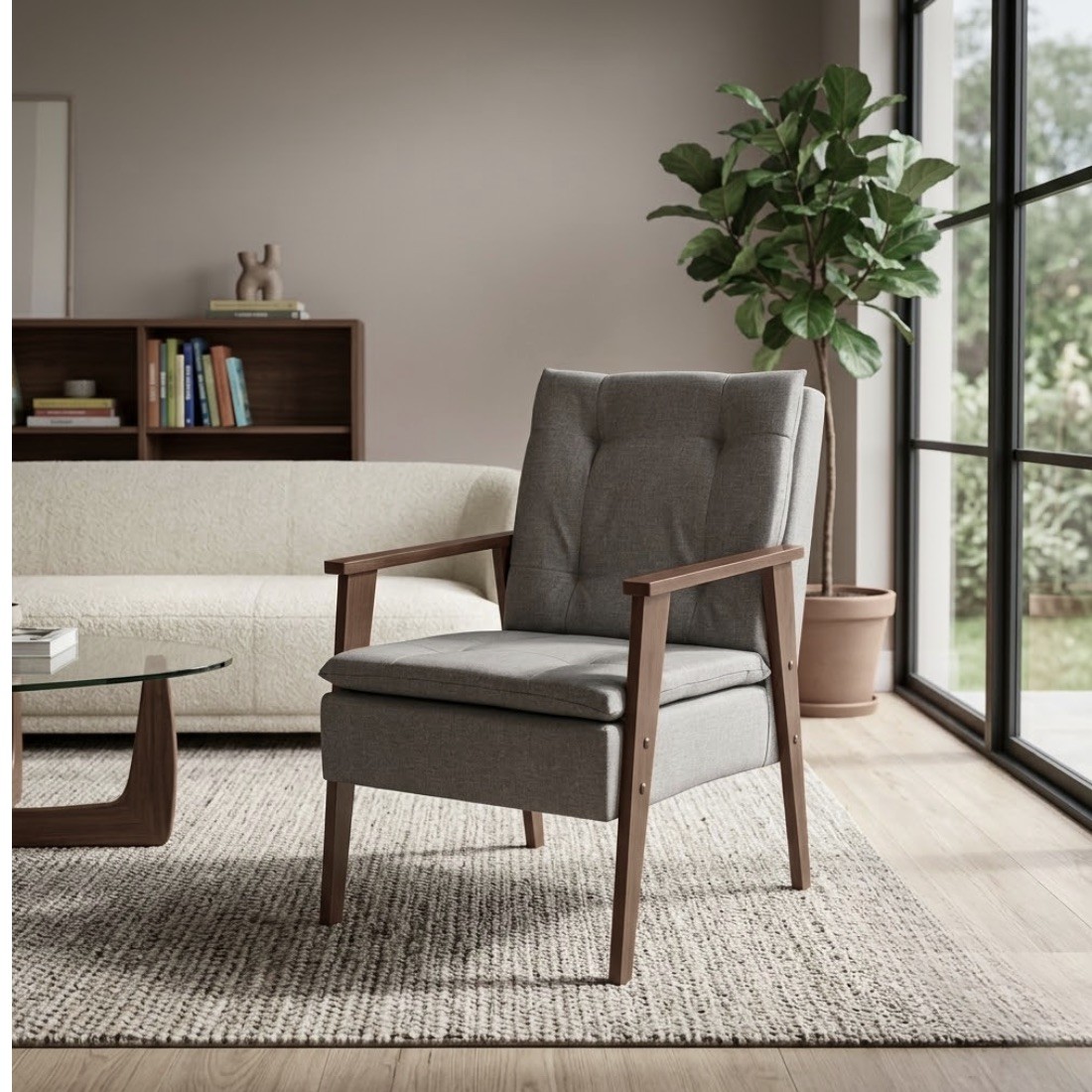 Poltrona Decorativa AZ Linho Marrom Claro Fibra Siliconada Pés Madeira