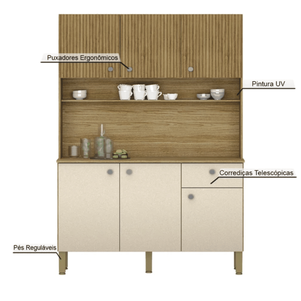 Armário de Cozinha Kit 6 Portas Style Frisado Freijo/Vanilla - Kits Paraná Armário de Cozinha Kit 6 Portas Style Frisado Freijo/Vanilla - Kits Paraná