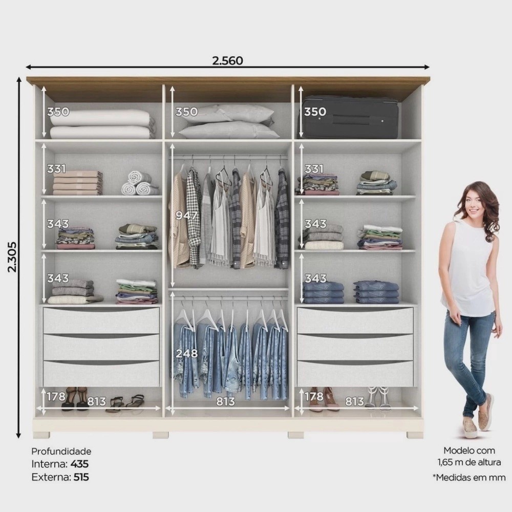 Guarda-roupa Casal com Espelho Napoli 6 Portas Off White/Nature - Henn Guarda-roupa Casal com Espelho Napoli 6 Portas Off White/Nature - Henn