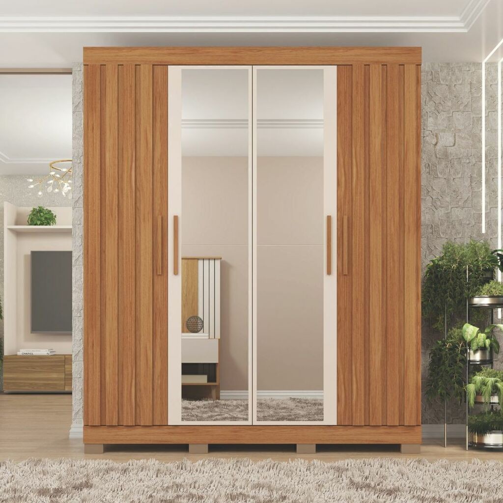 Guarda-Roupa Com Espelho Sophia Lux 4 Portas 2 Gavetas Freijo/Off White - Caemmun Guarda-Roupa Com Espelho Sophia Lux 4 Portas 2 Gavetas Freijo/Off White - Caemmun