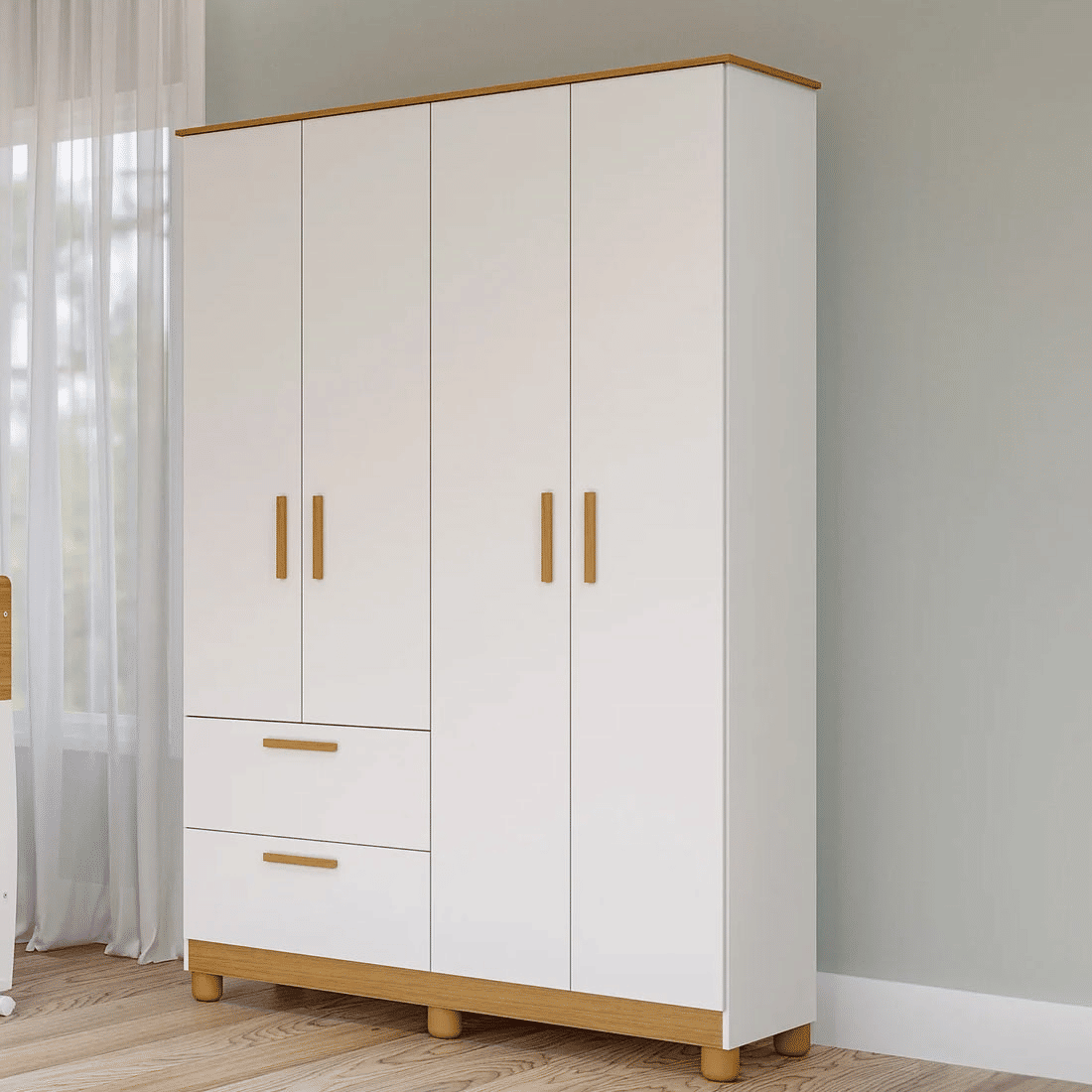 Guarda Roupa 4 Portas Infantil Jujuba 100% MDF Permóbili - Branco/Nature