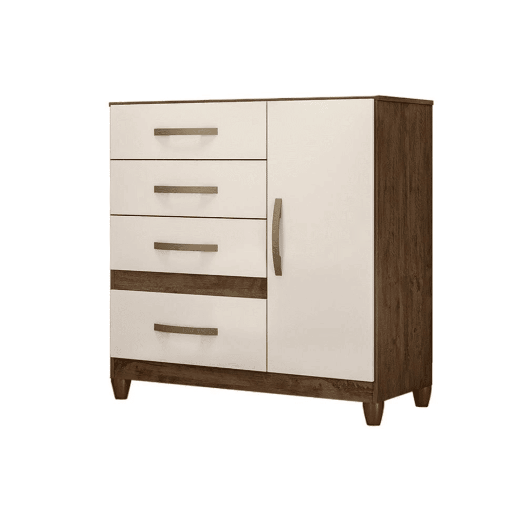 Cômoda para Quarto Com 4 Gavetas 1 Porta Moval Vênus Castanho/Off white Cômoda para Quarto Com 4 Gavetas 1 Porta Moval Vênus Castanho/Off white