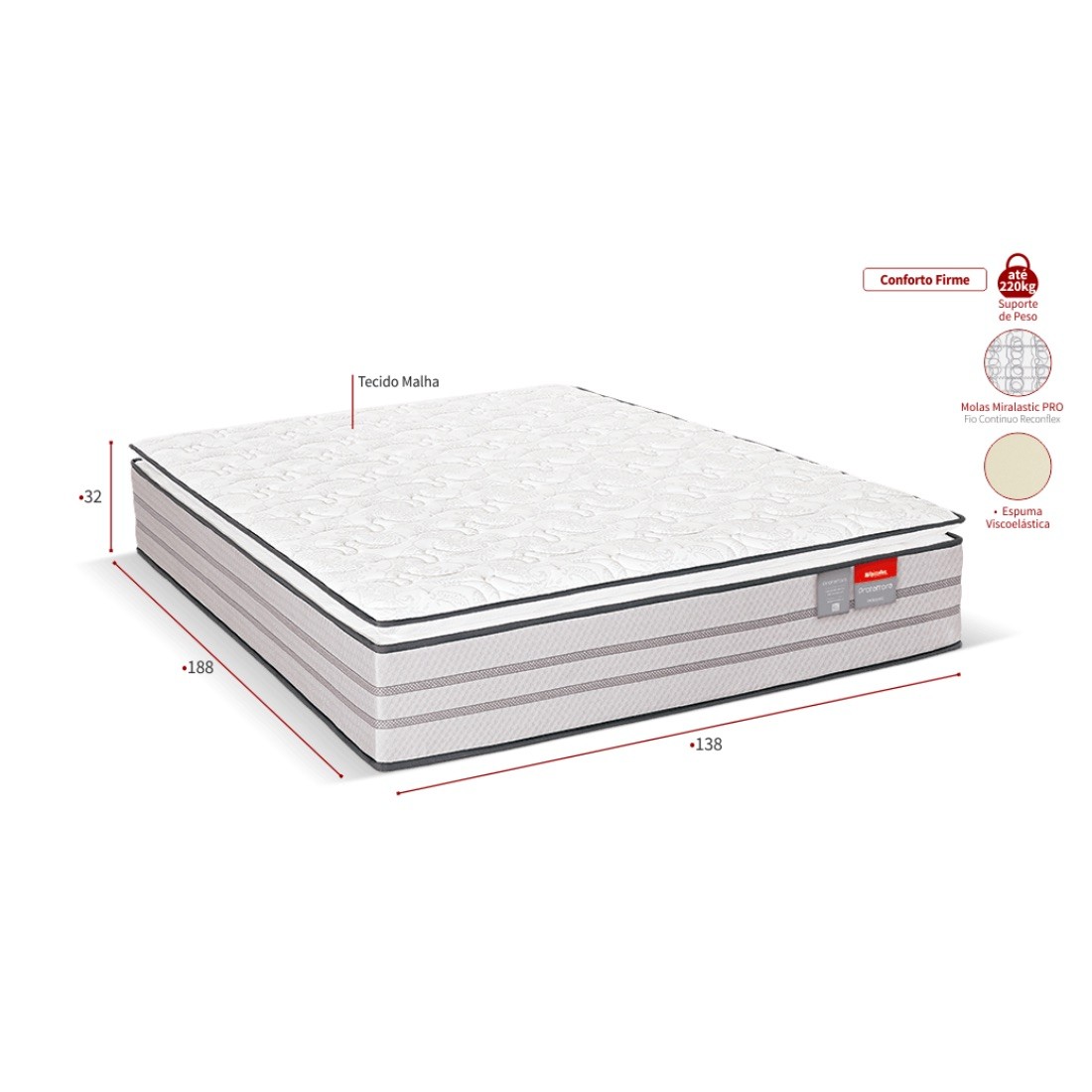 Colchão Protettore Pillow Top Casal Mola Miralastic Pro 220Kg Reconflex 138x188x32 - Cinza