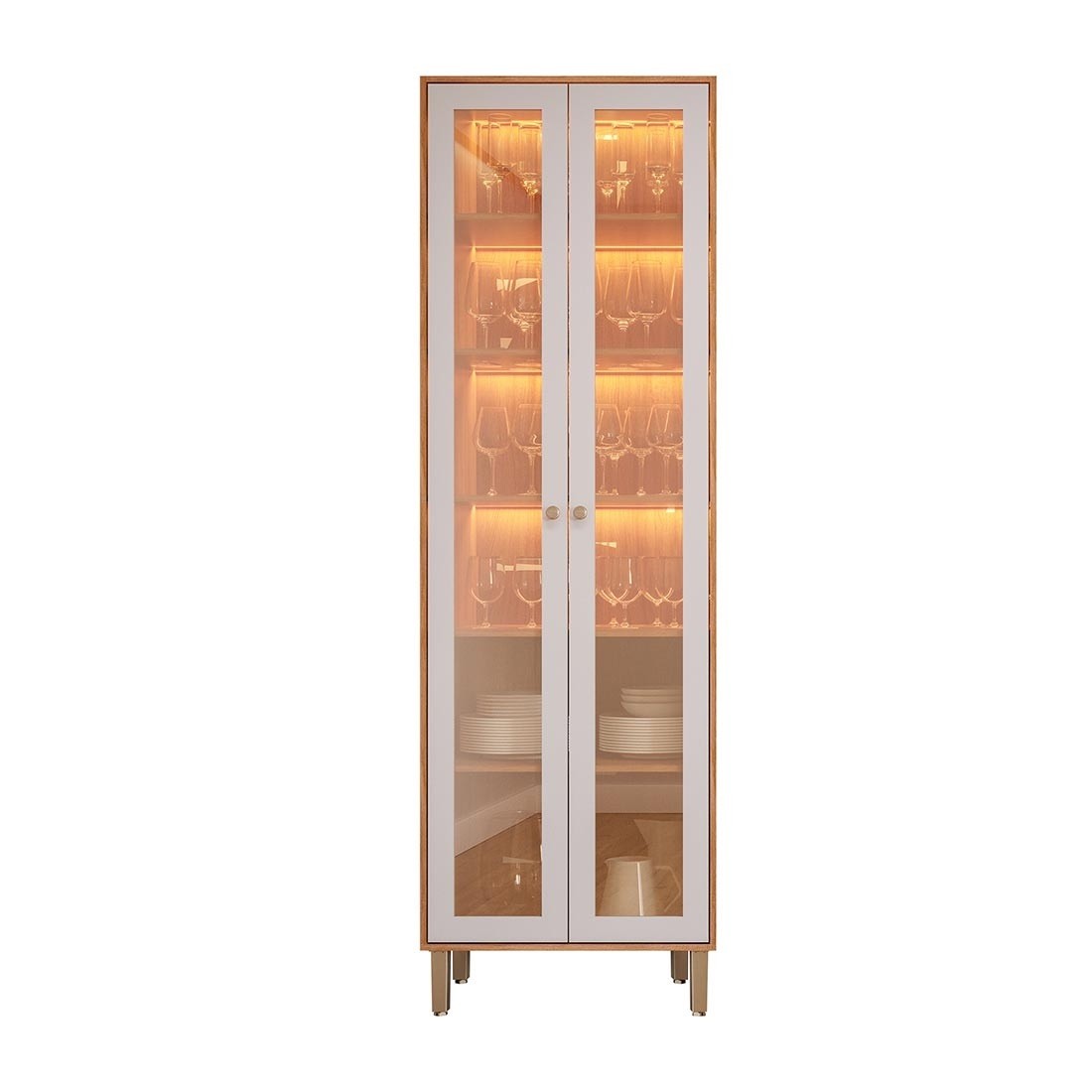 Cristaleira Reflecta Esplendida 100% MDF com LED 2 Portas 70cm MGM - Cinamomo/ Of White