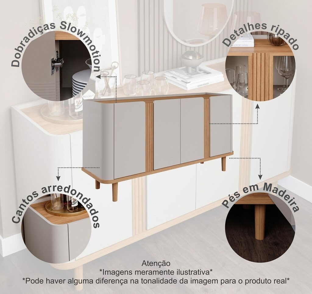 Buffet para Sala 4 Portas em MDF Eva Cimol Off White com Nature Buffet para Sala 4 Portas em MDF Eva Cimol Off White com Nature