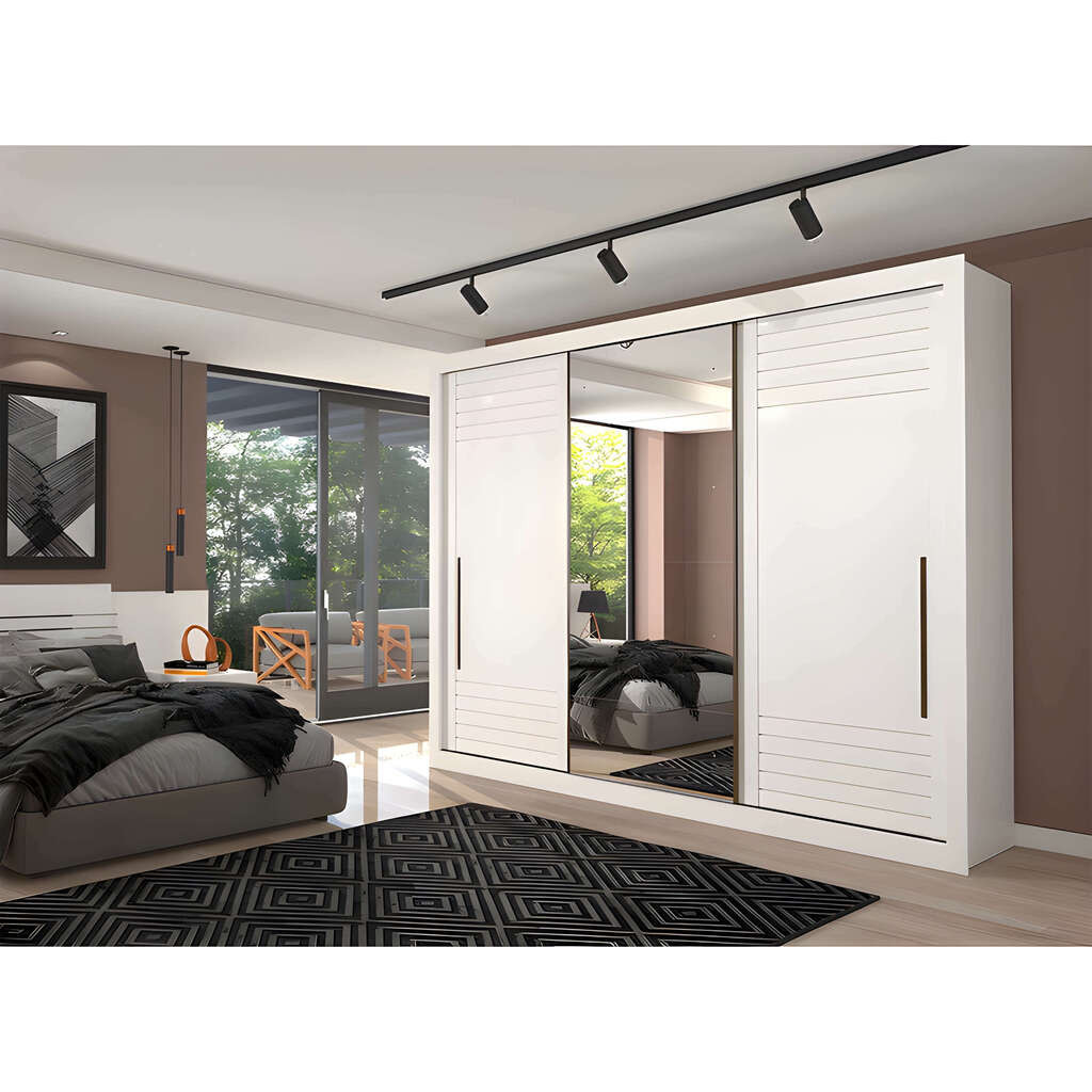 Guarda-Roupa Casal Com Espelho 3 Portas de Correr em MDF Panan Móveis Vitória Branco Guarda-Roupa Casal Com Espelho 3 Portas de Correr em MDF Panan Móveis Vitória Branco