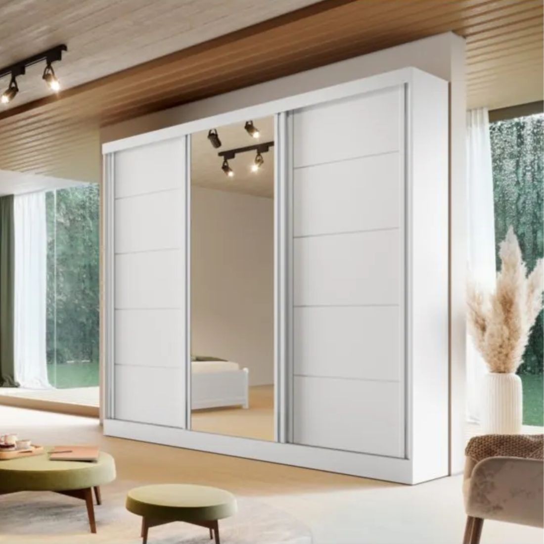 Guarda-Roupa Casal Com Espelho 3 Portas de Correr 100% MDF Capri Branco - Bianchi