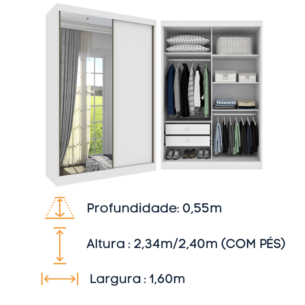 Guarda-Roupa Casal Com Espelho 2 Portas de Correr Tcil Móveis Roma Branco Guarda-Roupa Casal Com Espelho 2 Portas de Correr Tcil Móveis Roma Branco