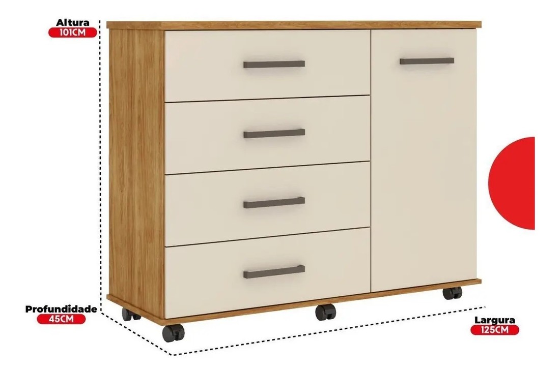 Cômoda 4 Gavetas 1 Porta Abrir Demobile Flora 125cm - Cinamomo/Off White