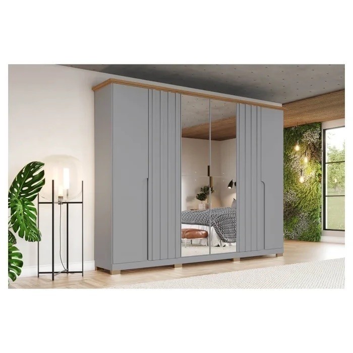Guarda-roupa Casal com Espelho Napoli 6 Portas Cinza/Nature - Henn Guarda-roupa Casal com Espelho Napoli 6 Portas Cinza/Nature - Henn