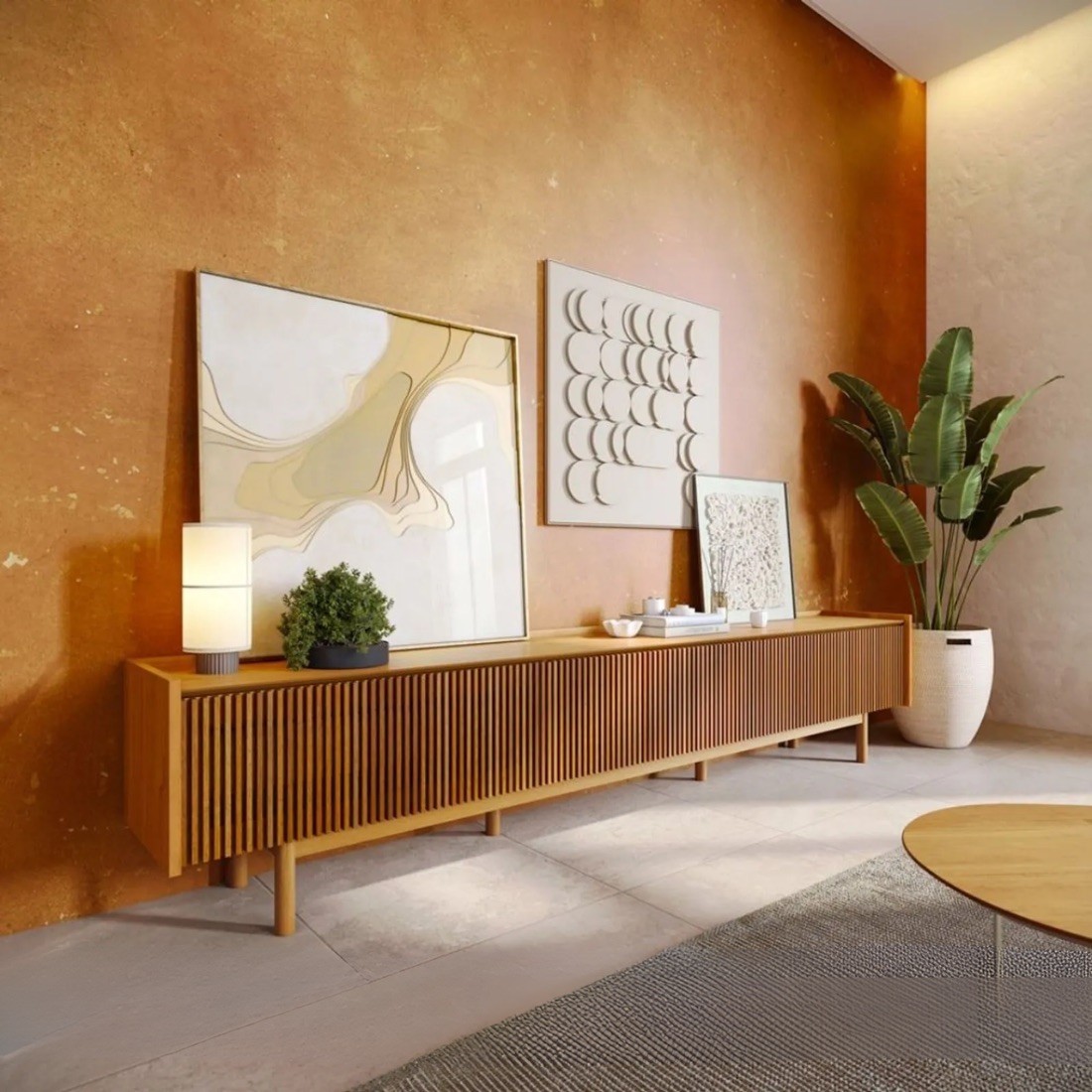 Rack Dune 3G 2.6m Ripado Imcal Nature 3 Gavetas Fecho Toque Madeira Maciça TV até 70" Corrediças Telescópicas