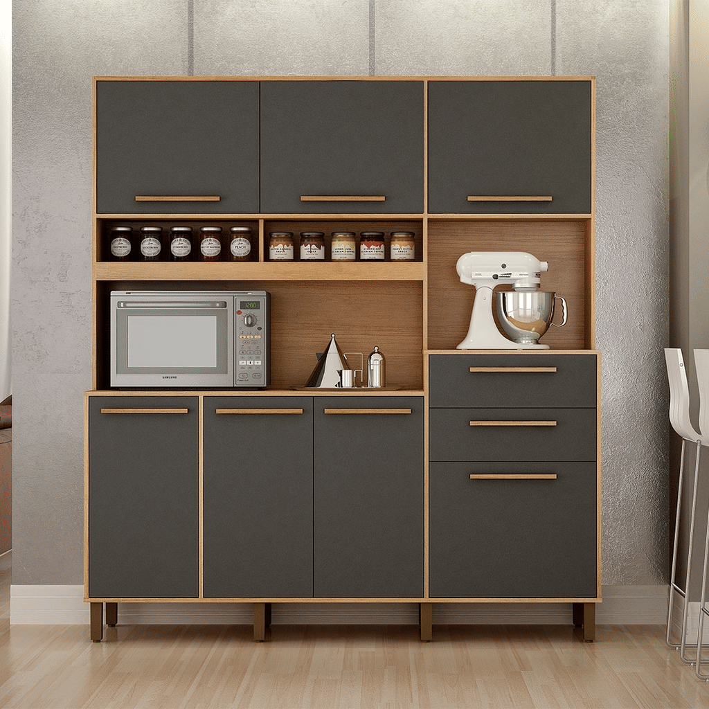 Armário de Cozinha Kit 7 Portas 2 Gavetas Valdemóveis Fortaleza Cinamomo/Grafite Armário de Cozinha Kit 7 Portas 2 Gavetas Valdemóveis Fortaleza Cinamomo/Grafite