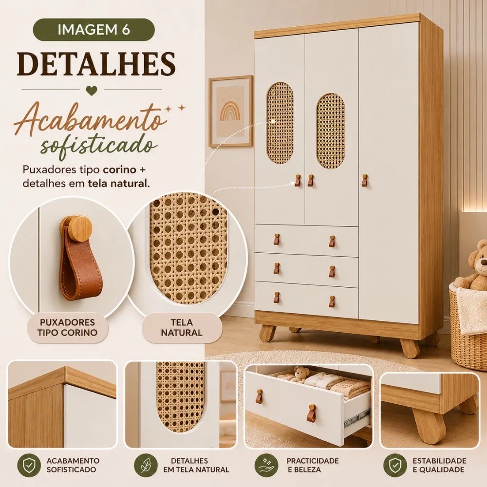 Guarda-roupa 3 Portas Abrir 100% MDF 3 Gavetas Peroba Pingo New Tela - Amêndoa/Off White