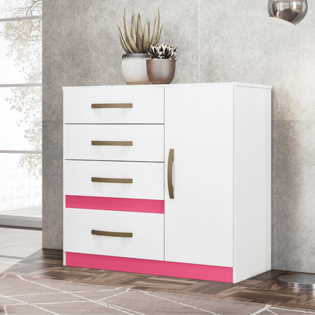 Cômoda para Quarto Com 4 Gavetas 1 Porta Moval Vênus Flex Branco/Rosa/Lilás Cômoda para Quarto Com 4 Gavetas 1 Porta Moval Vênus Flex Branco/Rosa/Lilás