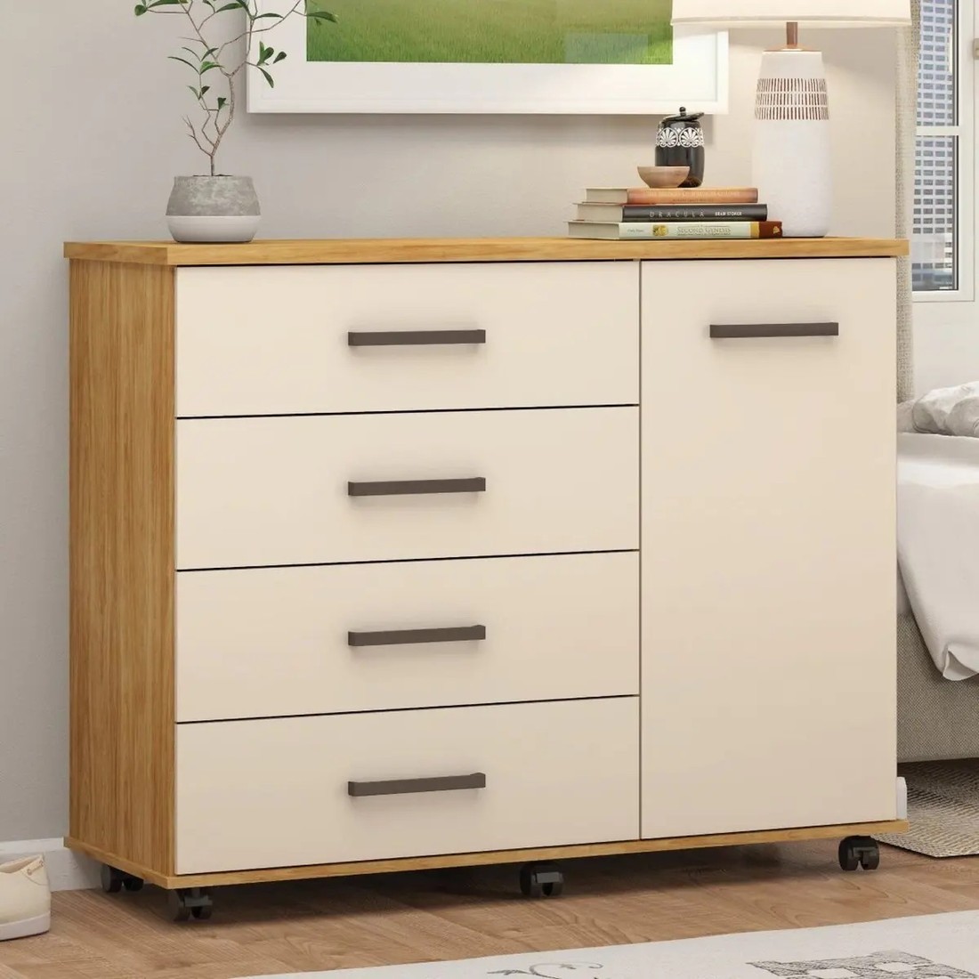 Cômoda 4 Gavetas 1 Porta Abrir Demobile Flora 125cm - Cinamomo/Off White