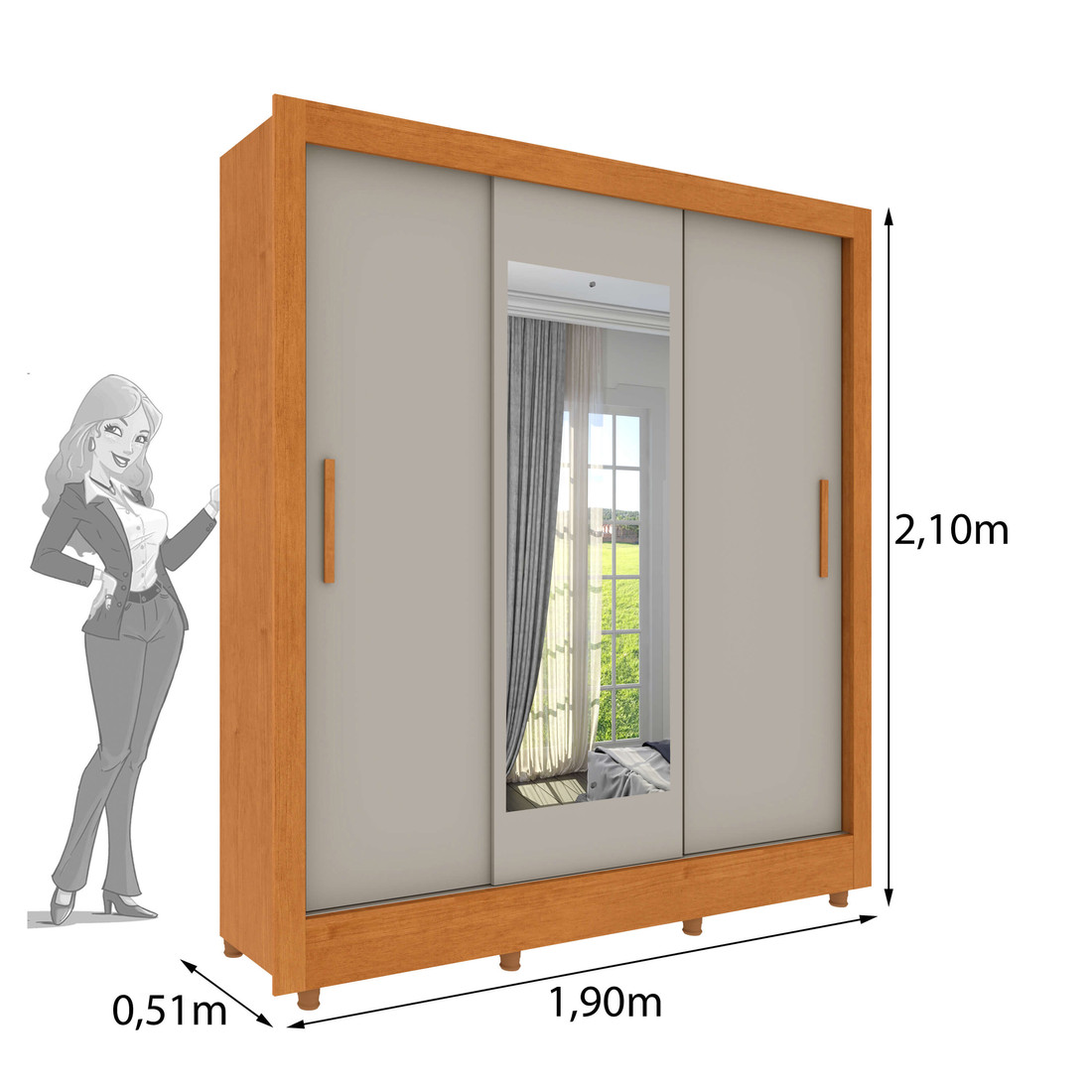 Guarda-Roupa 3P. Correr 4G TCIL Vitoria c/Espelho c/Pés Cinamomo/Off White