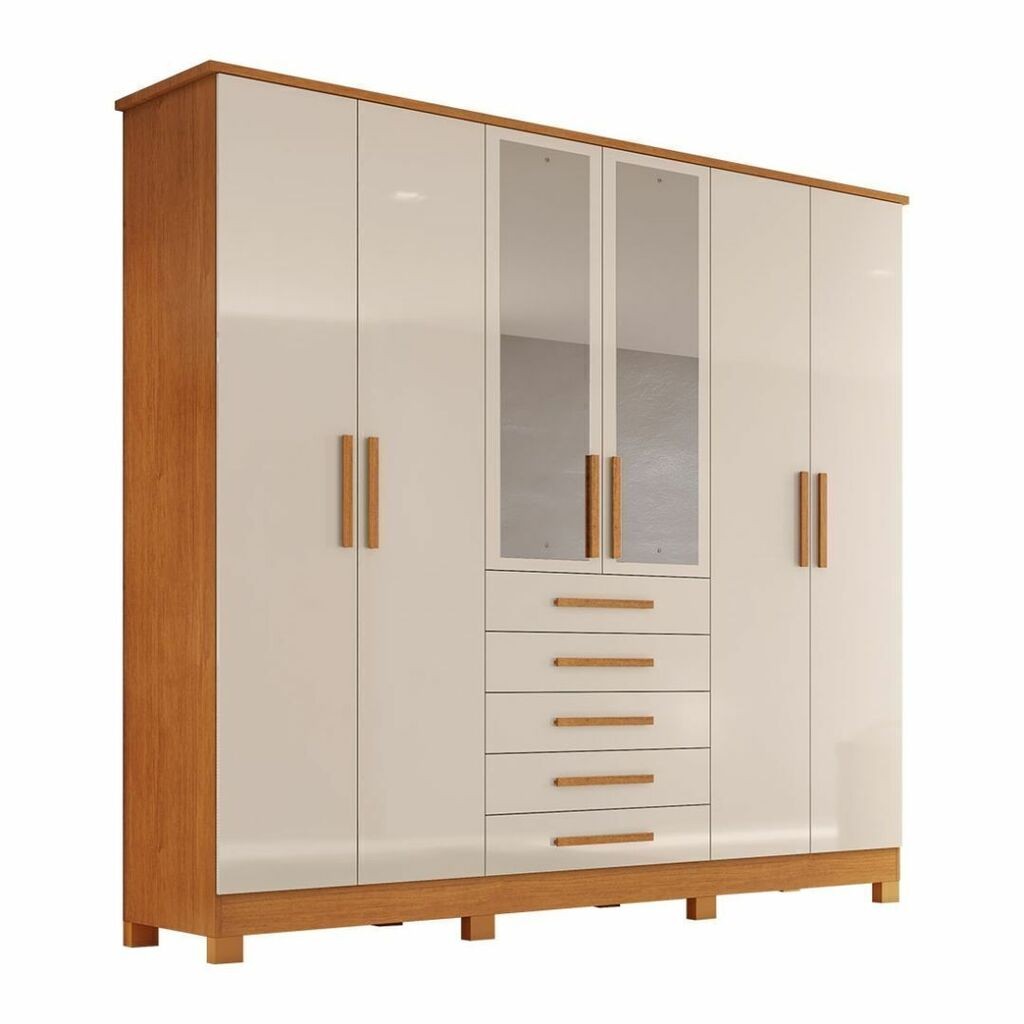Guarda-Roupa Casal Com Espelho 6 Portas em MDF Bianchi Clara Naturall/Off White Guarda-Roupa Casal Com Espelho 6 Portas em MDF Bianchi Clara Naturall/Off White
