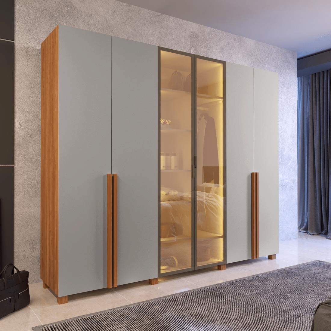 Guarda Roupa 6 Portas Modernita Reflecta com LED Duplex Casal Bom Pastor - Nogal/Bege-acinzentado