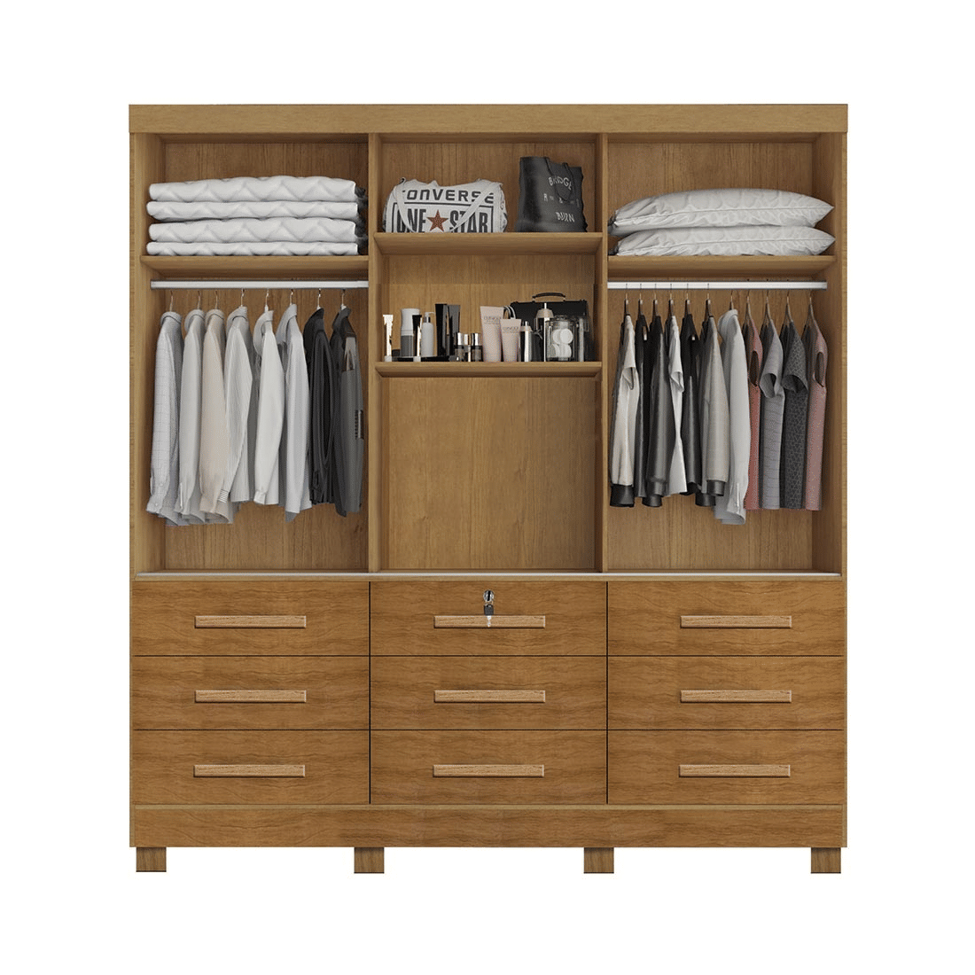 Guarda-Roupa Casal Athenas com Espelho 3 Portas 9 Gavetas Nature - Bianchi