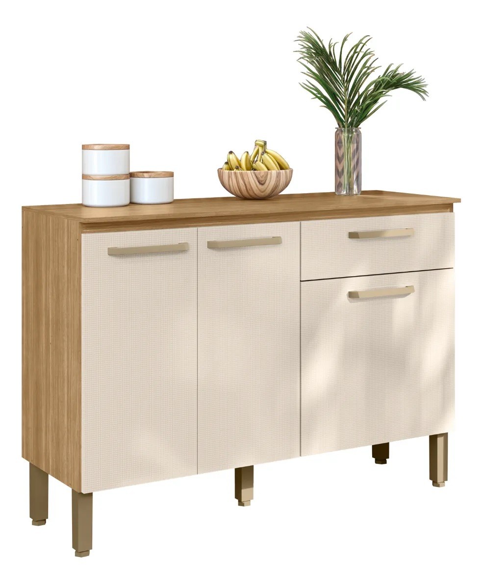 Balcão de Cozinha com Tampo 3 Portas 1 Gaveta 120cm Paraná Versalhes Freijó/Soft