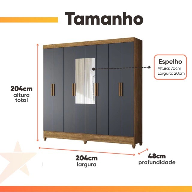 Guarda-Roupa Casal Marajó 8 Portas e 2 Gavetas com Espelho Freijó/Cinza- Moval Guarda-Roupa Casal Marajó 8 Portas e 2 Gavetas com Espelho Freijó/Cinza- Moval