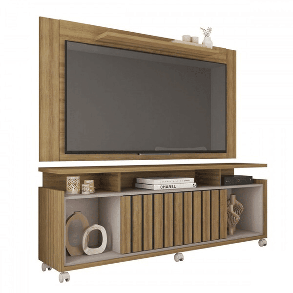 Rack Com Painel Para Tv Até 55 Polegadas Oasis 1 Porta Frisada Lamina Mel/Cacao - Caemmun Rack Com Painel Para Tv Até 55 Polegadas Oasis 1 Porta Frisada Lamina Mel/Cacao - Caemmun