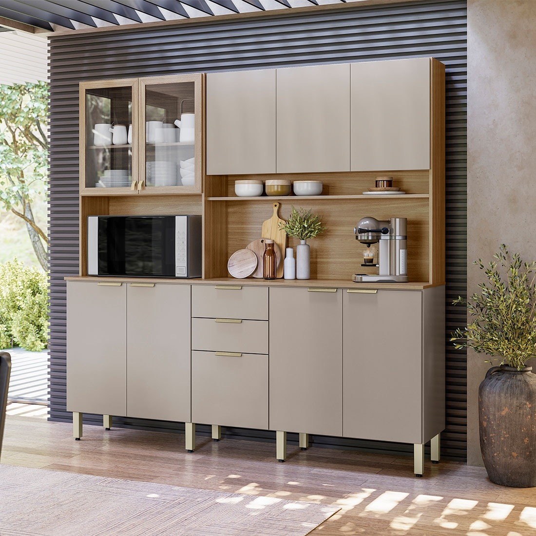 Kit Cozinha Compacta Amora 10 Portas e 2 Gavetas Demóbile - Amendoa/Nude Texturado Kit Cozinha Compacta Amora 10 Portas e 2 Gavetas Demóbile - Amendoa/Nude Texturado