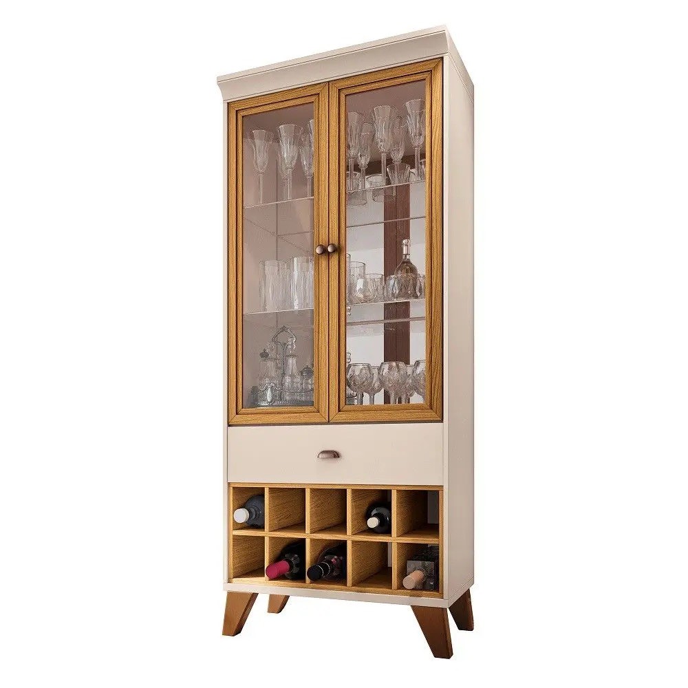 Cristaleira 2 Portas de Vidro 1 Gaveta Adega HB Móveis Opera Off White/Cinamomo