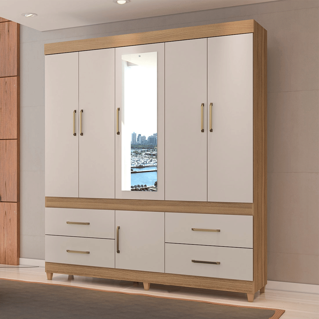 Guarda Roupa Casal Com Espelho 6 Portas Demobile Guaruja Amendoa/Off White