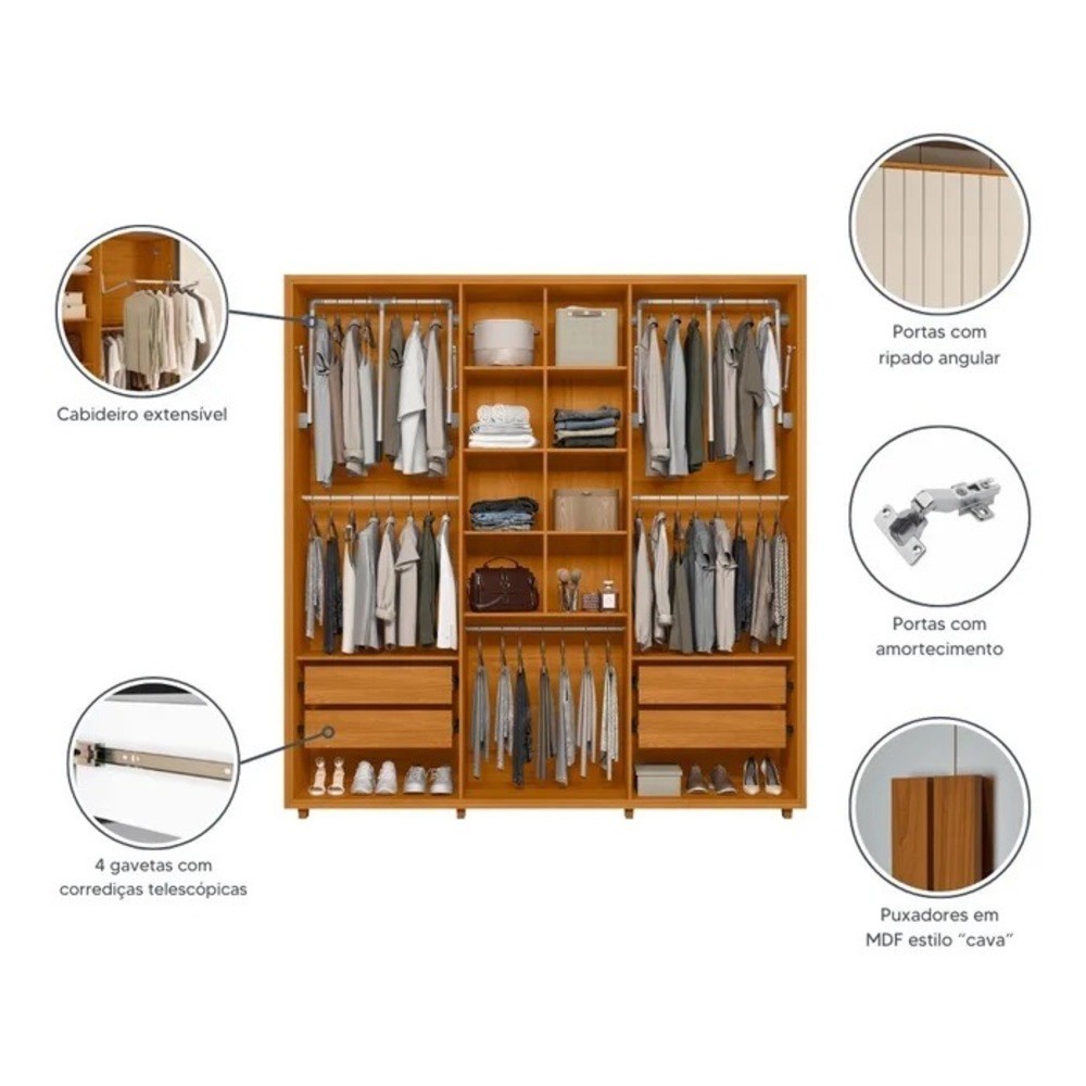 Guarda-Roupa Casal Veronese Frisado 6 Portas com Espelho 100% MDF Madetec - Cinamomo/Off White