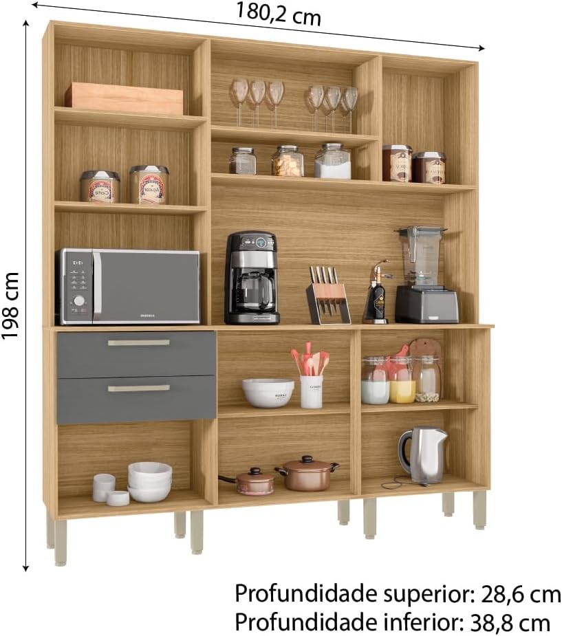 Armário de Cozinha Kit 6 Portas 2 Gavetas Ferrara Kits Paraná Freijo/Gris