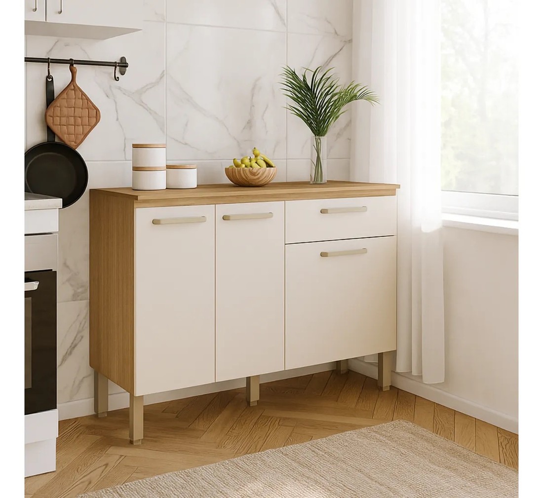 Balcão de Cozinha com Tampo 3 Portas 1 Gaveta 120cm Paraná Versalhes Freijó/Soft