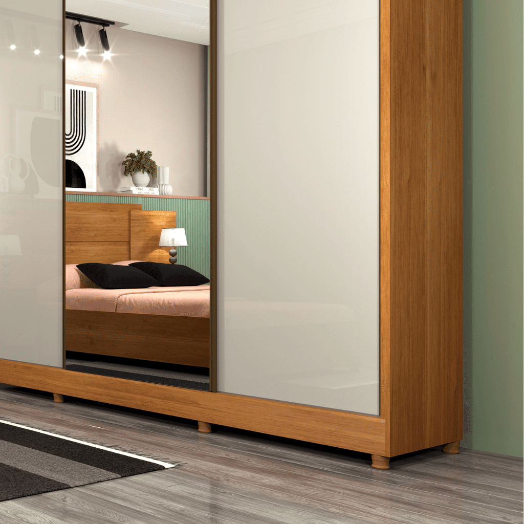 Guarda-Roupa Casal Com Espelho 3 Portas de Correr Tcil Móveis Dacar Cinamomo/Off White Guarda-Roupa Casal Com Espelho 3 Portas de Correr Tcil Móveis Dacar Cinamomo/Off White