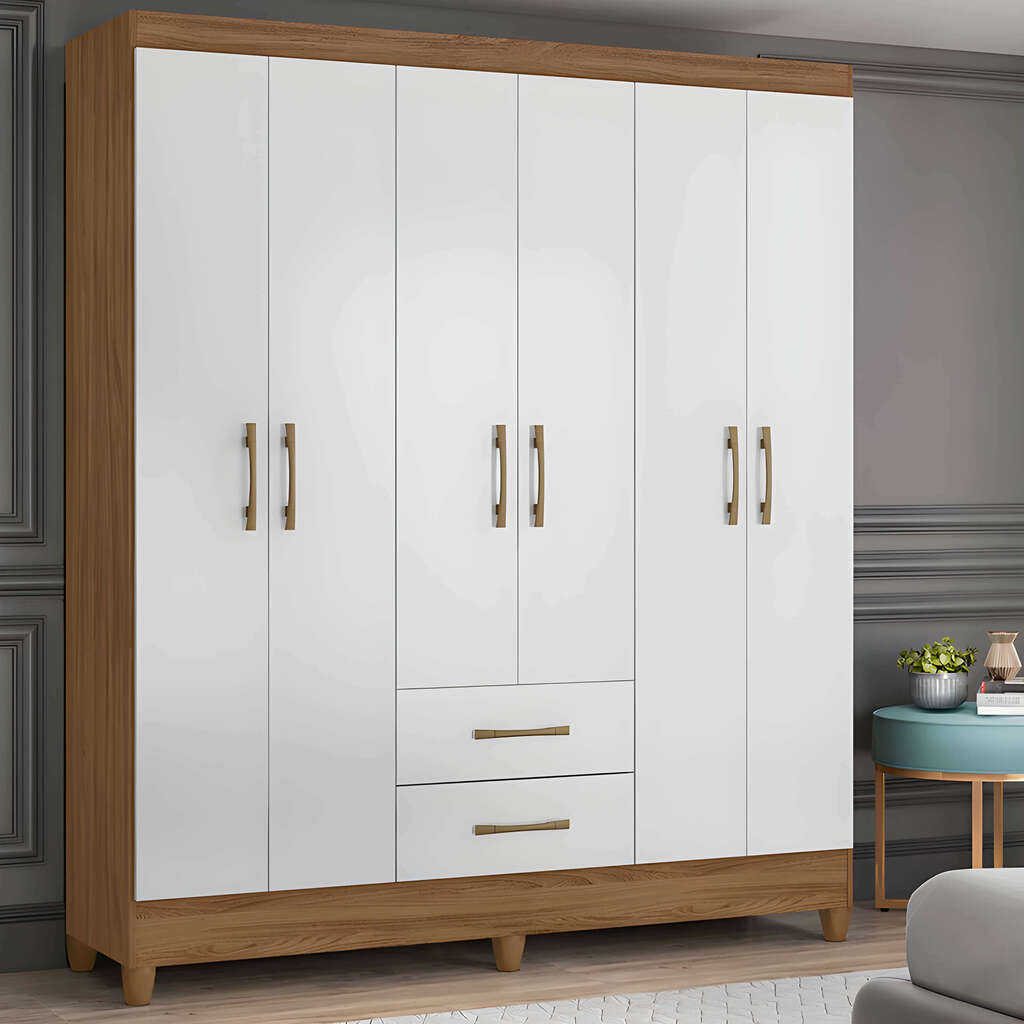 Guarda-Roupa Solteiro 6 Portas, Panamá, Naturale/Branco- Moval Guarda-Roupa Solteiro 6 Portas, Panamá, Naturale/Branco- Moval