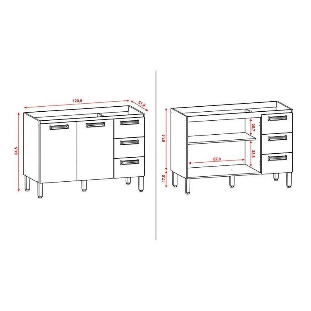 Balcão de Pia Ametista 2 Portas 3 Gavetas 120 cm Freijó/Gris - Kits Paraná Balcão de Pia Ametista 2 Portas 3 Gavetas 120 cm Freijó/Gris - Kits Paraná